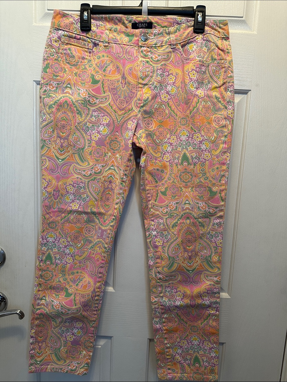 Chaps Paisley Cropped Skinny Jeans - Pink, Green, Yellow Multi